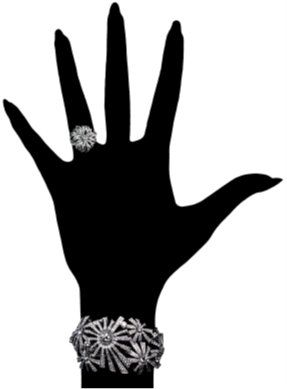 Illustrated silhouette of a woman's hand with a diamond ring on the ring finger and a diamond bracelet on the wrist